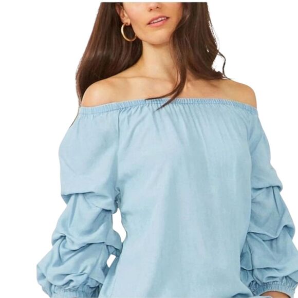 Distressed Chambray Off The Shoulder Tiered Balloon Sleeve Top in Light Blue - Picture 10 of 10